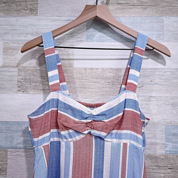 ZARA Striped Linen Blend Midi Sun Dress Red White Blue Mermaid Hem Womens Small - Picture 3 of 11
